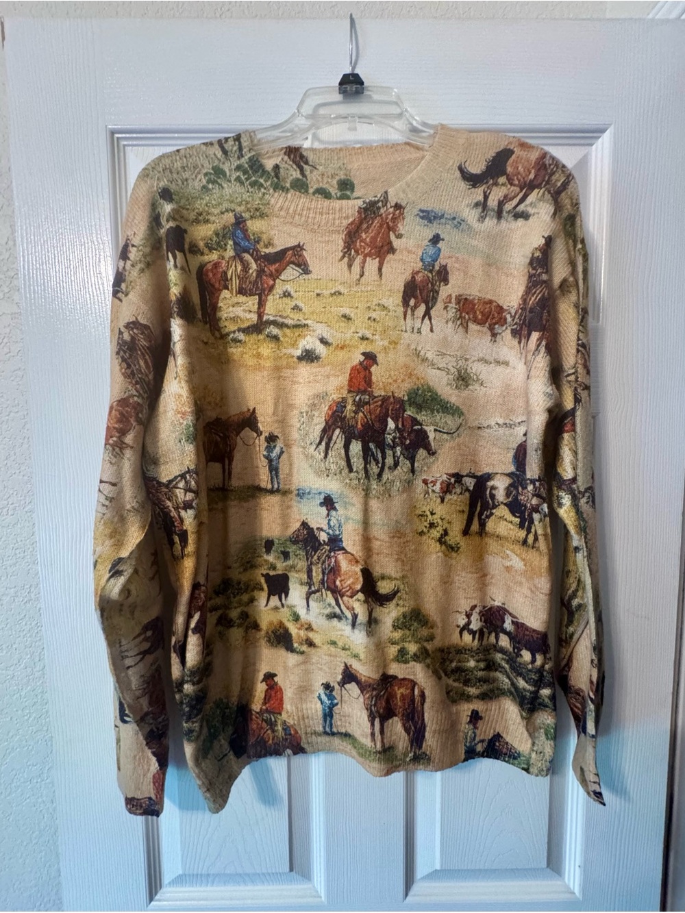 Classic Western Print Crewneck Sweater in Beige